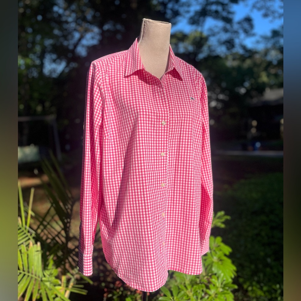 Vineyard Vines 🐳 Pink Gingham Check Button Down Cotton Shirt, Size 16, EUC